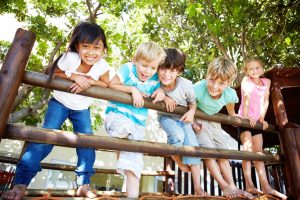 A group of kids posing on a jungle gym